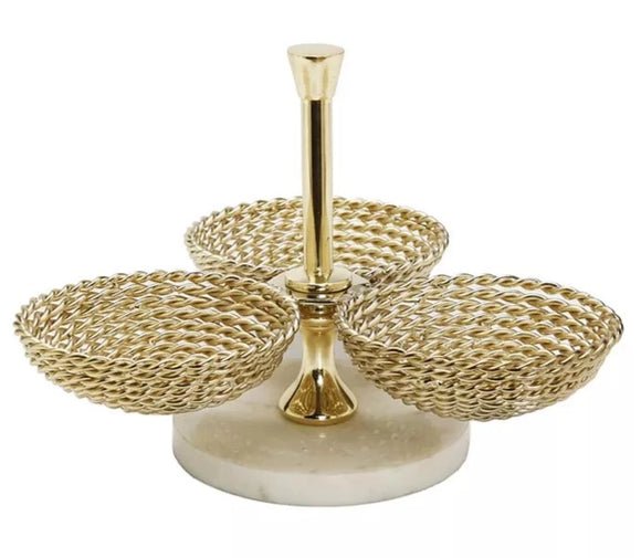 Triple Bowl Relish Dish Gold Rope Design and Marble Base