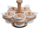 Serving and Seasoning pots Set (5 porcelain pots with wooden covers and stand).