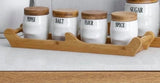Kitchen Cruet / Condiment Set (4 porcelain Cruet / Condiment Containers with wooden trays / holders) - Multiple Shapes