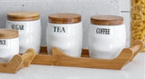 Kitchen Cruet / Condiment Set (4 porcelain Cruet / Condiment Containers with wooden trays / holders) - Multiple Shapes