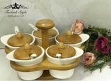 Serving and Seasoning pots Set (5 porcelain pots with wooden covers and stand).