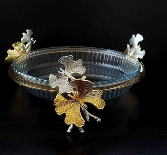 Crystal Serving Plate with Gold Metal Stand