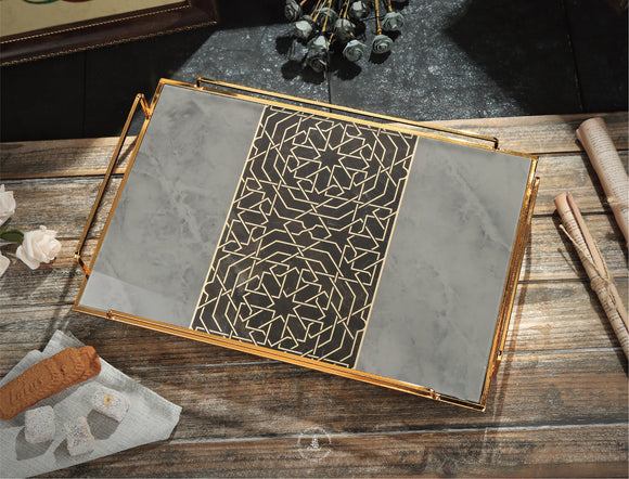 Marble-Pattern Mirror tray with Golden Metal Frame - (White / Black / Light Grey with ِArabesque Decorations)