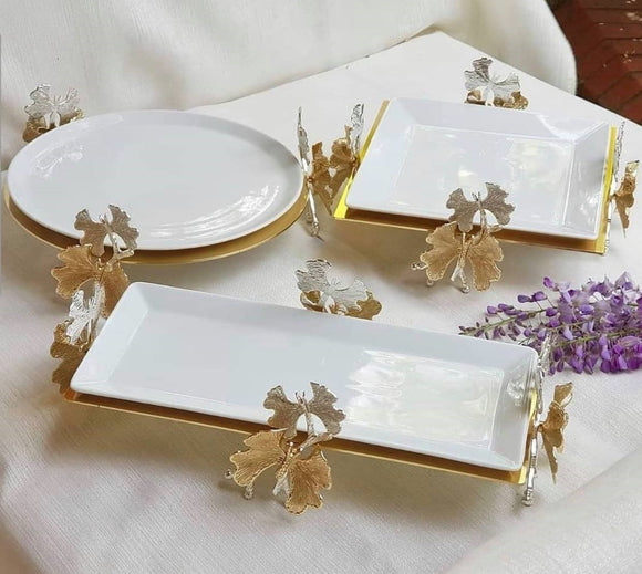 Porcelain Serving Plate with Metal Gold Stand