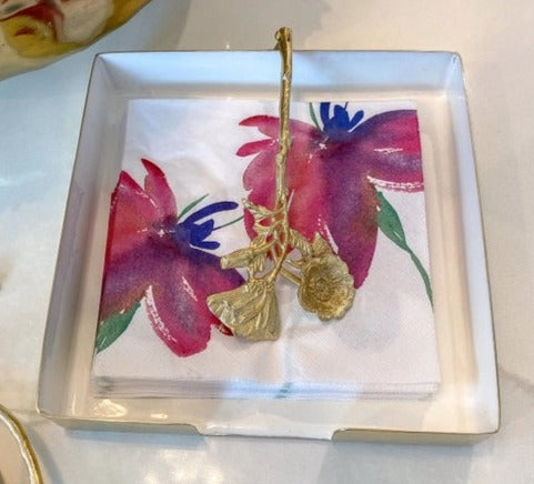 White and Gold Square Napkin Holder with Gold Flower Decoration