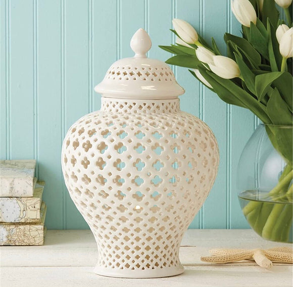 Ginger Temple Jar - Carved Lattice Decorative - Porcelain - LARGE
