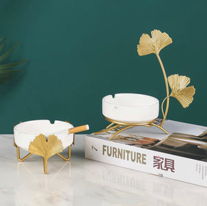 Ashtrays Set - Elegant Porcelain Ashtrays with Gold Metal Stands (Set of 2) - 4 Pieces