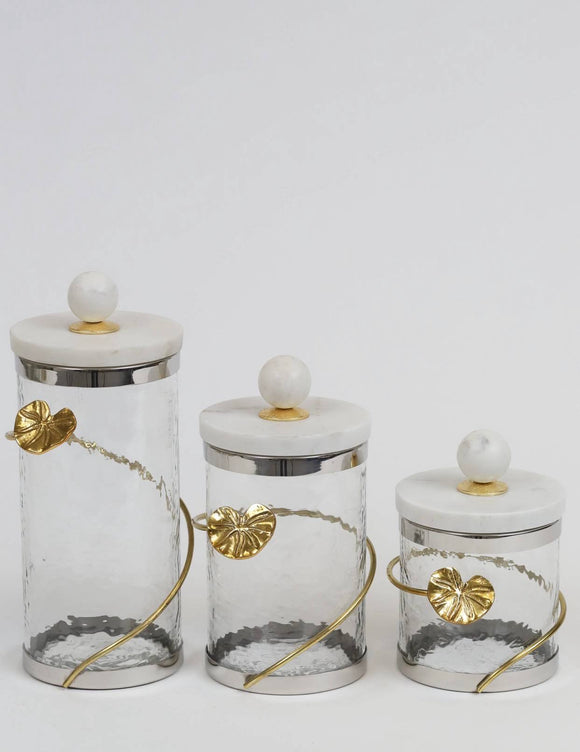 Glass Canisters Set with Floral Lotus Design and Marble Lid - 3 Pieces Set