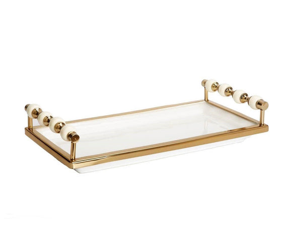 White Rectangular Tray with White and Gold beaded Handles