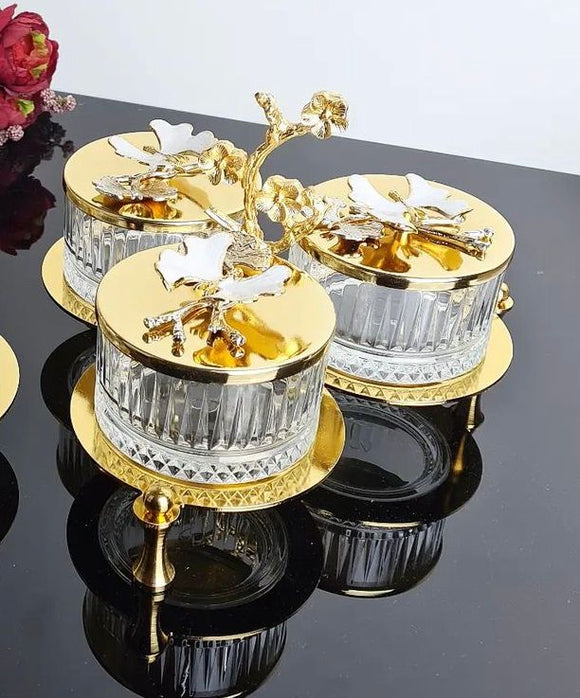 Crystal Triple Candy Bowls Set with Holder (3 Bowls + Metal Gold Holder)