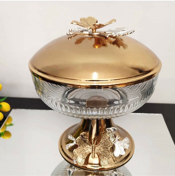 Glass Serving Bowl with Metal Stand & Dome Cover
