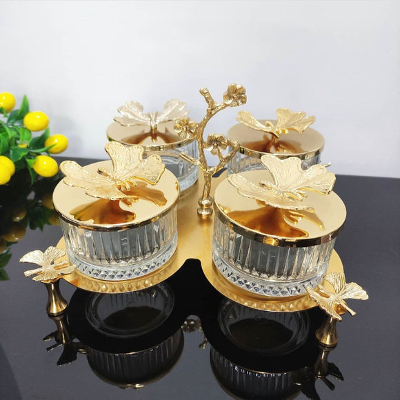 Crystal Quadruple Candy Bowls Set with Holder (4 Bowls + Metal Gold Holder)