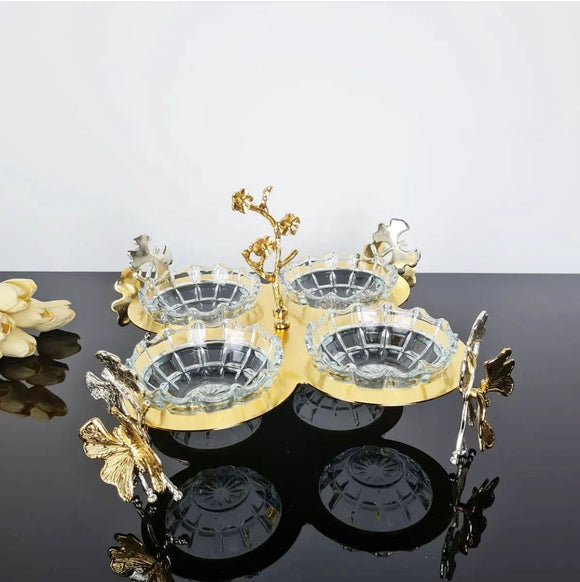 Crystal Quadruple Serving Set - 4 Bowls with Gold Metal Stand & Holder