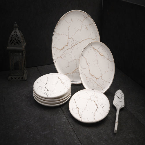 Dessert Plate Set (8 Pieces) – Marble Pattern - White / Black