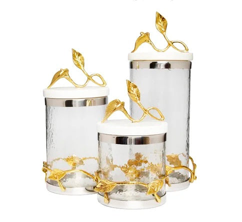 Glass Canisters Set With Leaf Design And Marble Lid - 3 Pieces Set