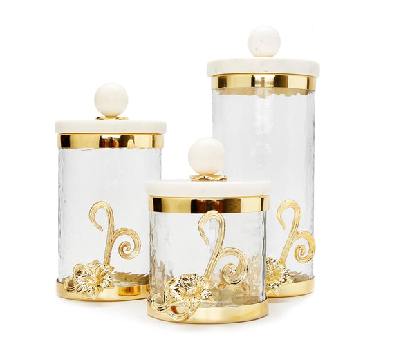 Glass Canisters Set with Gold Flower Design and Marble Lid - 3 Pieces Set
