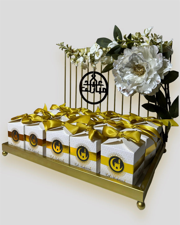Eid Mubarak Decorated Tray - Metal - with Eid Boxes (White / Black)