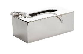Silver and White Tissue Box with Flower-shaped Decoration