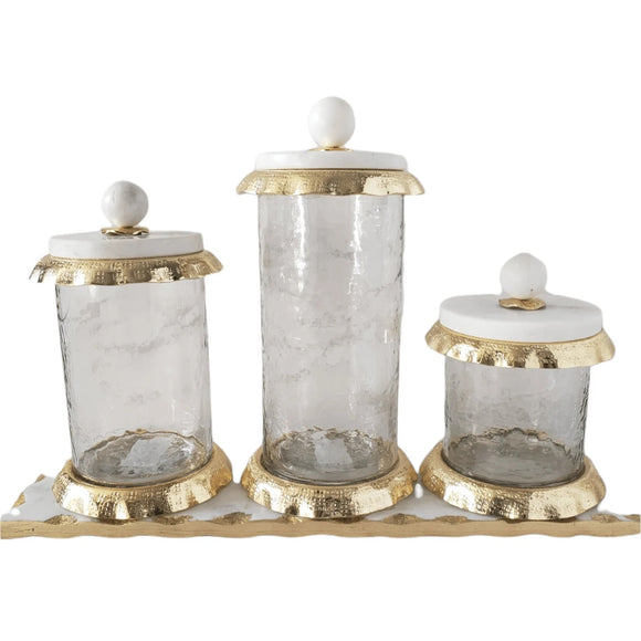 Glass Canisters Set with Marble and Gold lid - Classic Touch - 3 Pieces Set