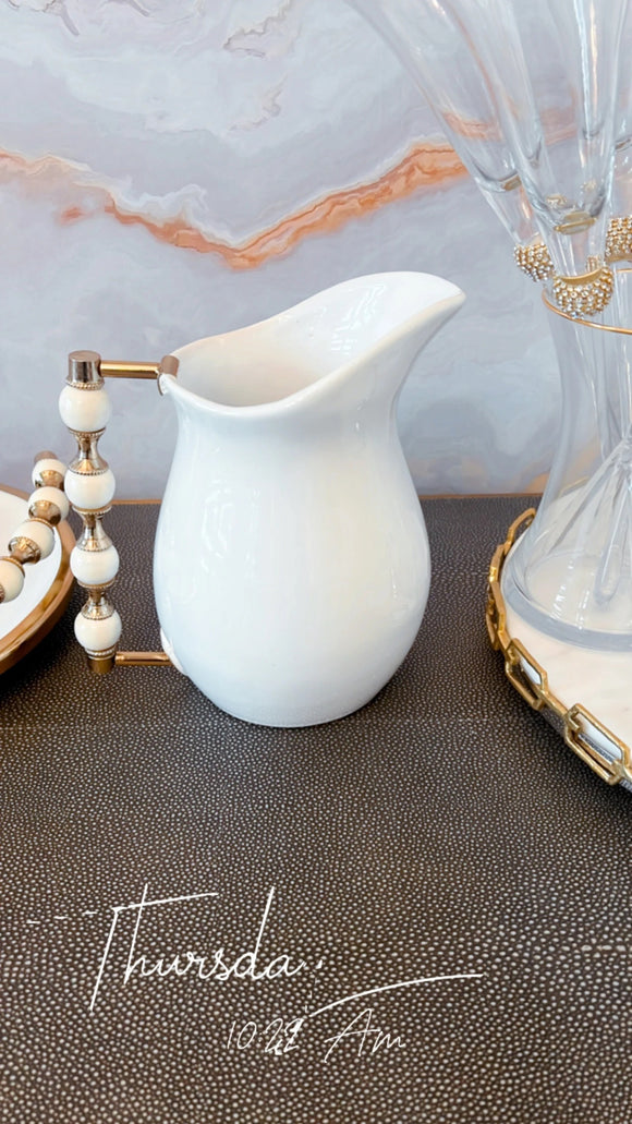 White Pitcher with White and Gold Beaded Handle