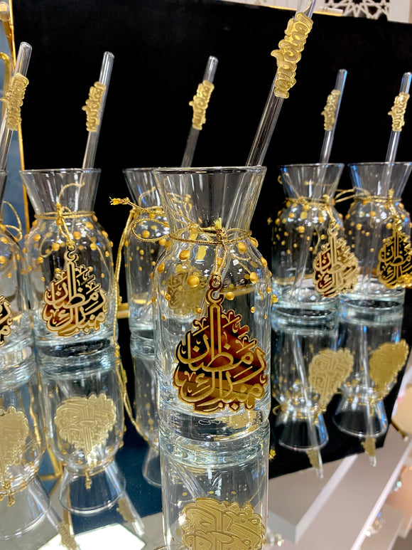 Ramadan Glass Drinking Glasses - with glass straws and medallion - (18 Pieces)