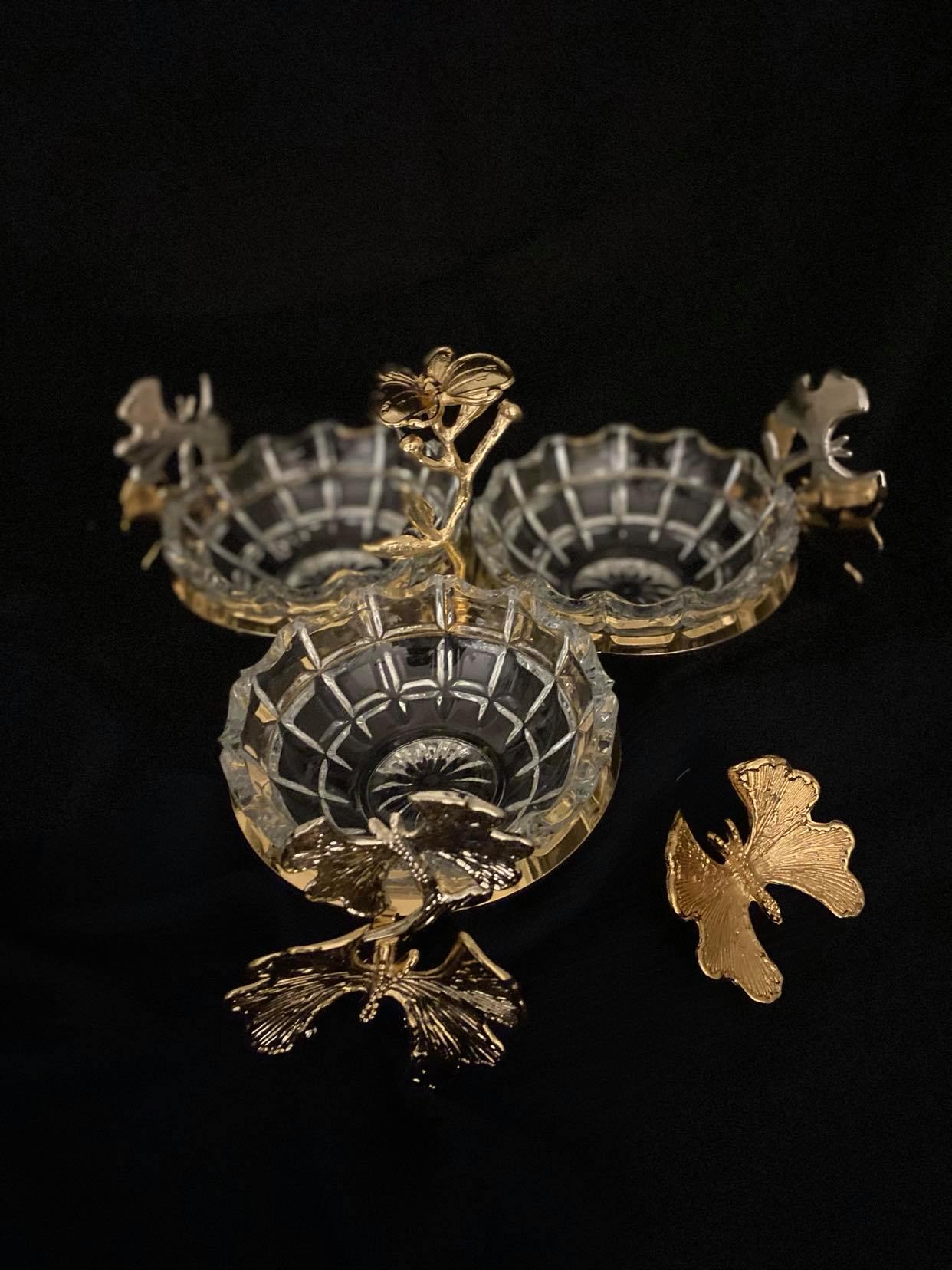 Crystal Triple Serving Set - 3 Bowls with Gold Metal Stand