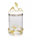 Glass Canisters Set With Leaf Design And Marble Lid - 3 Pieces Set