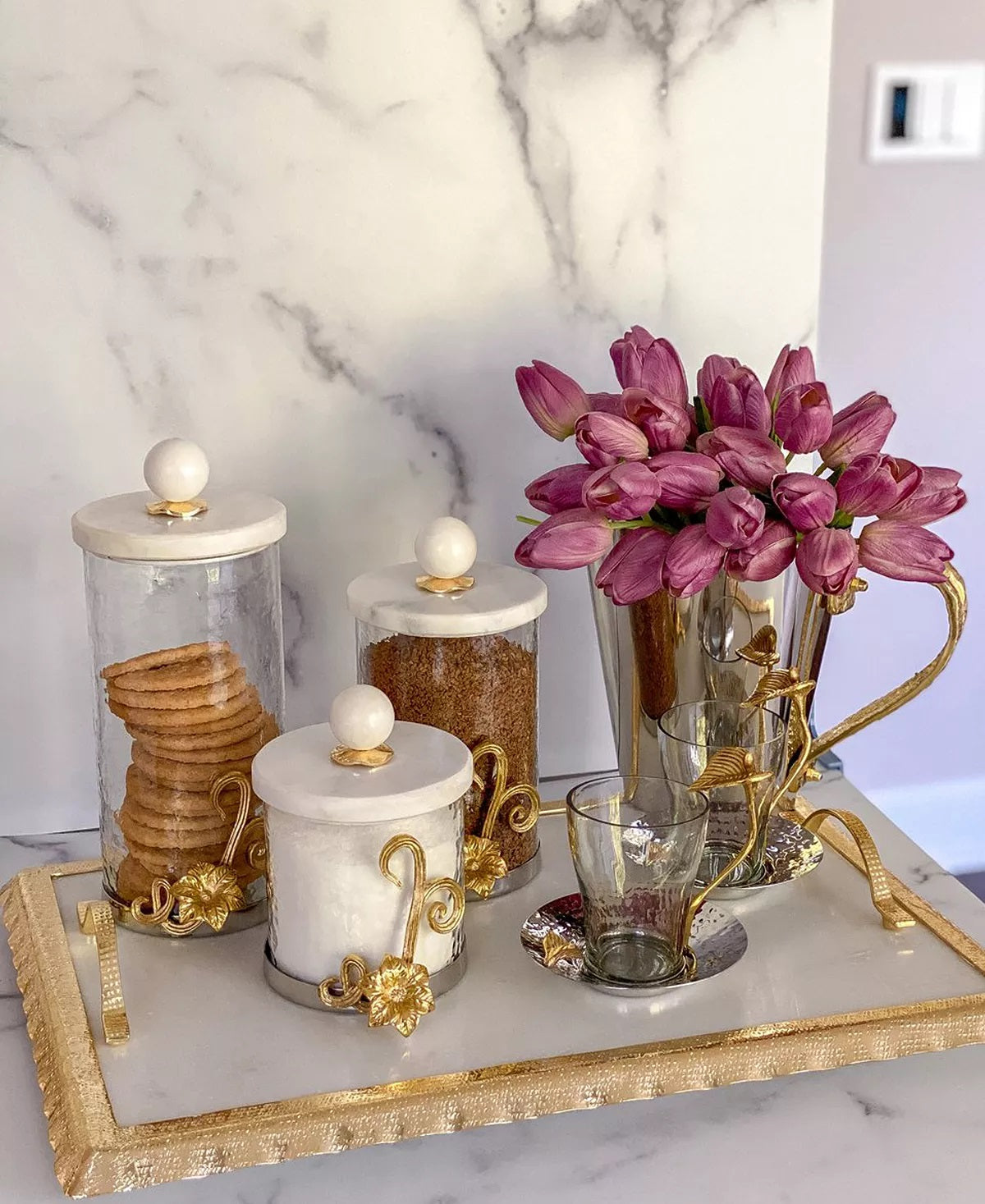 Large Hammered Glass Canisters with Gold Design and Marble Lid – Classic  Touch Decor