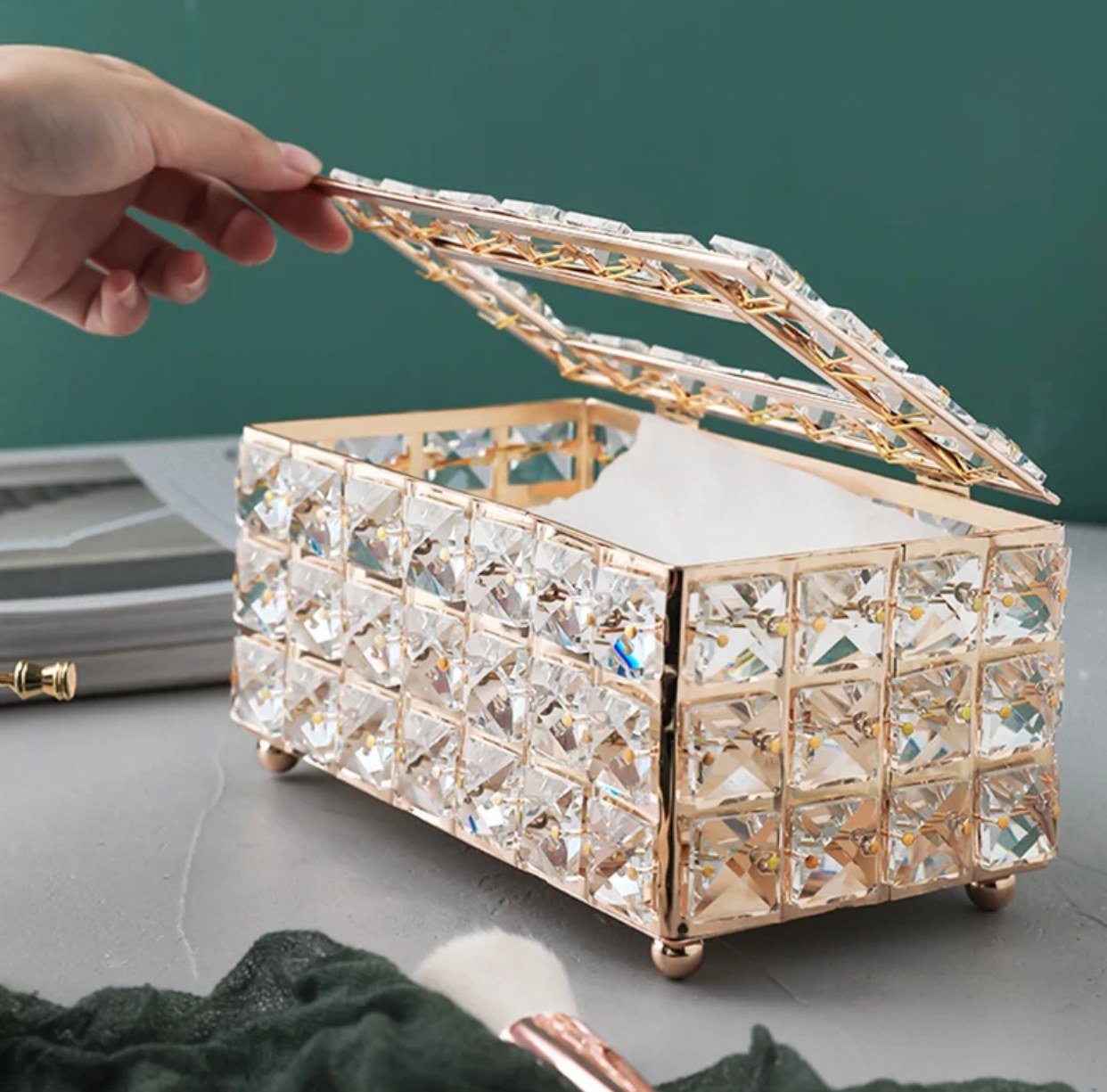 Fancy Tissue Box Cover - Metal - Gold with Crystal – Turkish Style