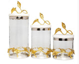 Glass Canisters Set With Leaf Design And Marble Lid - 3 Pieces Set