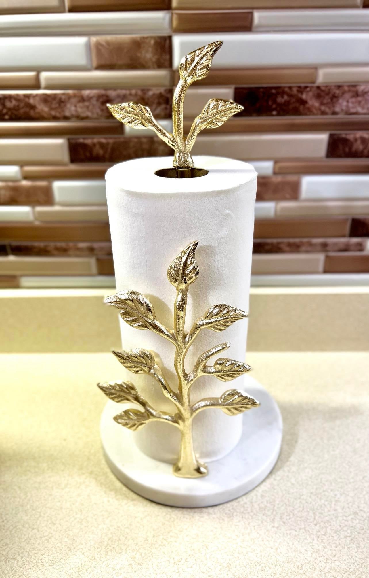 Kitchen Paper Towel Holder - Gold Tree Design with Marble Base