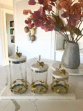 Glass Canisters Set With Leaf Design And Marble Lid - 3 Pieces Set